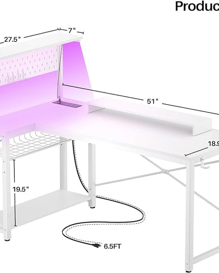 Homieasy Small Gaming Desk with Power Outlets Pegboard LED Light, 51 Inch L Shaped Computer Desk with Monitor Stand Storage Shelves, Reversible Corner Desk with Headset Hooks, White - LeafyLoom
