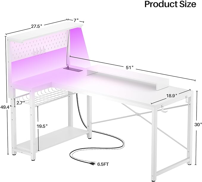 Homieasy Small Gaming Desk with Power Outlets Pegboard LED Light, 51 Inch L Shaped Computer Desk with Monitor Stand Storage Shelves, Reversible Corner Desk with Headset Hooks, White - LeafyLoom