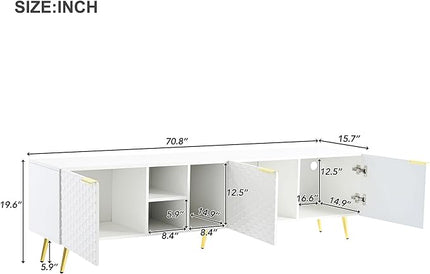Merax Modern Minimalist Geometric TV Stand with Metal Handles and Gold Legs for Televisions Up to 80'' Multi-Functional Storage Cabinet, Entertainment Center for Living Room, 70.80" Length, White - LeafyLoom