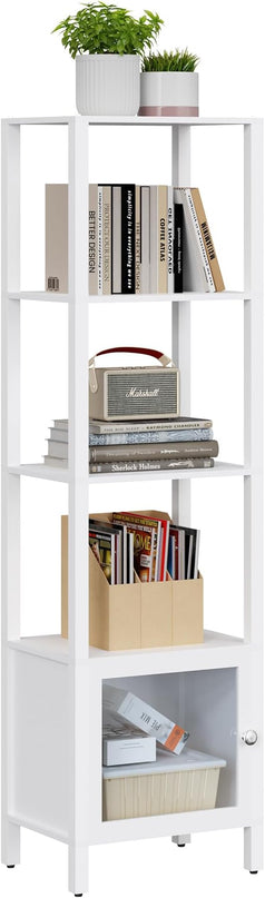 TUTOTAK 5 Tier Bookcase and Bookshelf, Narrow Book shelf with Door for Small Space, for Living Room, Office, Study, Entryway, White BS03BW005 - LeafyLoom