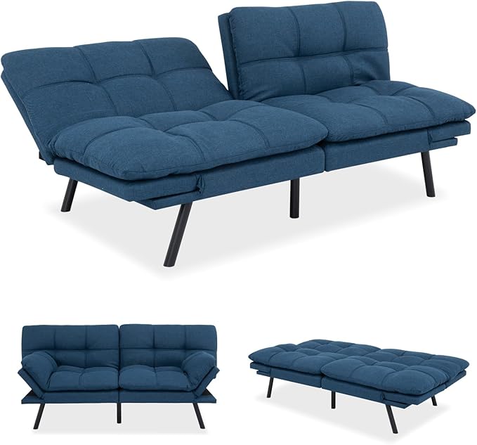 MUUEGM Futon Sofa Bed Convertible Memory Foam Sleeper Couch,Modern Loveseat for Living Room,Small Compact Space,Dorm,Office,Adjustable Armrests Backrest Sofabed, Linen Blue - LeafyLoom