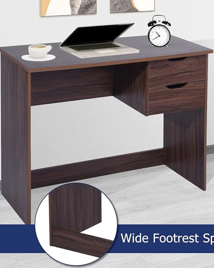 Home Office Computer Desk, 35.4" Small Study Writing Table, with Storage Drawers, Modern Teen Student Adult PC Table Desk, Walnut - LeafyLoom