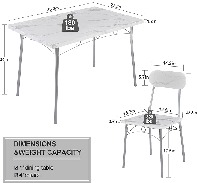 VECELO Dining Table Set for 4 5 Piece Dinette with Chairs for Kitchen, Breakfast Nook and Small Space, 43.3", White - LeafyLoom