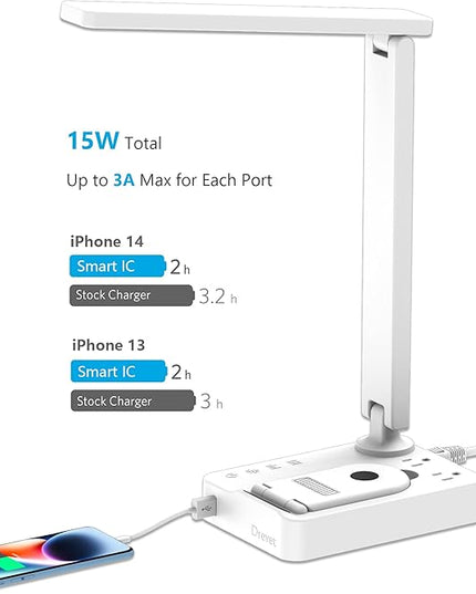 Drevet LED Desk Lamp with Wireless Charger, Desk Table Light with USB Charging Port and 2 Outlets, 3 Lighting Modes, 3 Level Brightness, 1H Timer, Touch Control, Eye-Caring Home Office Lamp, White - LeafyLoom