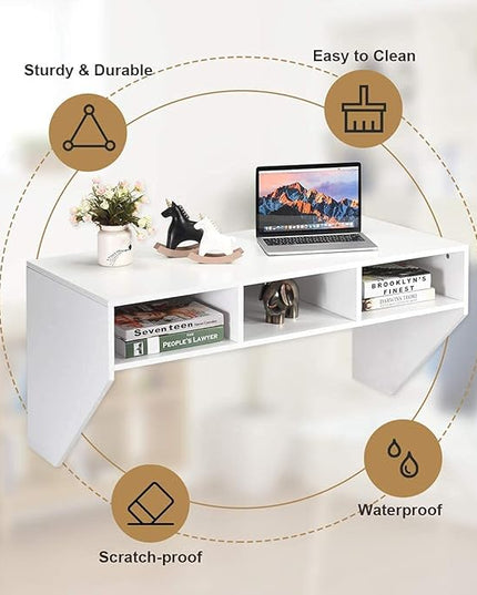 Computer Floating, Home Office Working, 42.5” Laptop Table Writing w/Storage Shelves, Modern Console Media Cabinet Wall Mounted Desk Hutch, White - LeafyLoom