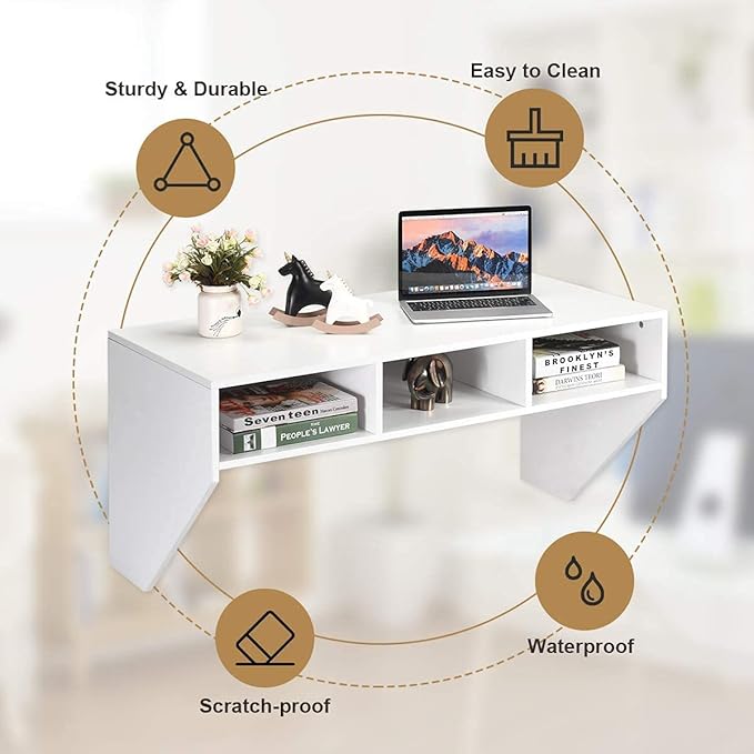 Computer Floating, Home Office Working, 42.5” Laptop Table Writing w/Storage Shelves, Modern Console Media Cabinet Wall Mounted Desk Hutch, White - LeafyLoom