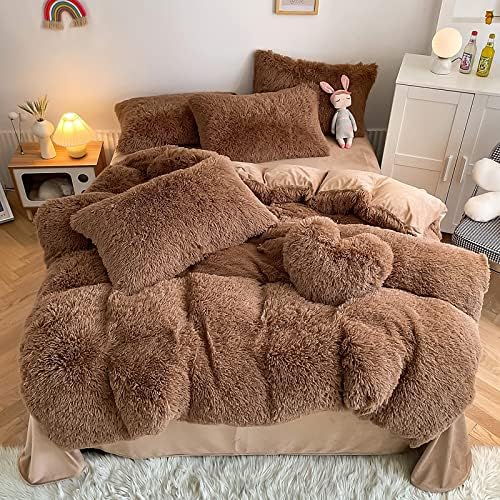 Faux Fur Kids Girls Coffee Comforter Sets Queen - 3PC Bed Set Warm Comfortable Soft Plush Flannel Velvet Fluffy Fuzzy Bedding（Comforter x 1 Pillowcases x 2） - LeafyLoom