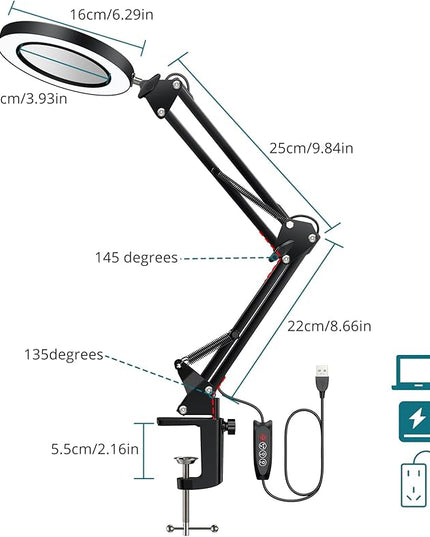 8X Lighted Magnifying Glass Lamp, Adjustable Magnifying Glass with Light Clamp Swivel Arm LED 3 Color Modes,10 Brightness Levels, Hands Free Magnifier for Hobby Close Work, Repair, Reading - LeafyLoom