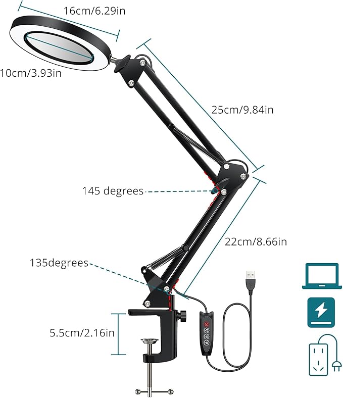 8X Lighted Magnifying Glass Lamp, Adjustable Magnifying Glass with Light Clamp Swivel Arm LED 3 Color Modes,10 Brightness Levels, Hands Free Magnifier for Hobby Close Work, Repair, Reading - LeafyLoom