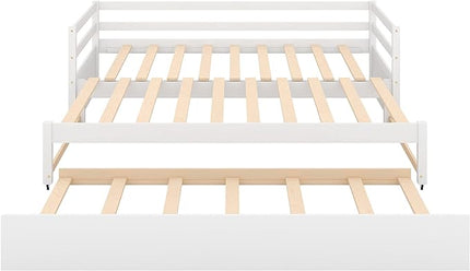 Wooden Extendable Daybed, Twin to King Daybed Frame with Trundle, Extending Sofa Bed for Living Room Bedroom Guest Room, White - LeafyLoom