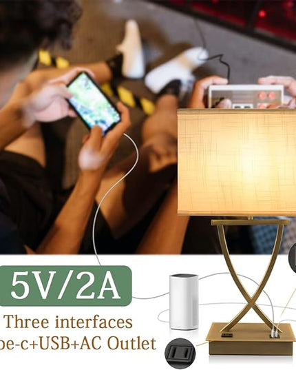 3-Way Dimmable Touch Control Medium Table Lamp with Type C/USB Charging Port and 1 AC Outlet White Shade 21.38" Bedside Nightstand Lamp for Bedroom Living Room Office and Hotel Bulb Included - LeafyLoom