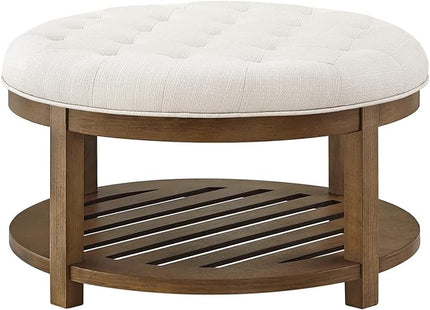 24KF Large Round Upholstered Tufted Linen Ottoman Coffee Table, Large Footrest Ottoman with Wood Shelf Storage-Ivory - LeafyLoom