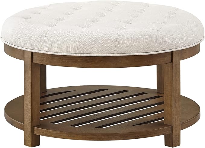 24KF Large Round Upholstered Tufted Linen Ottoman Coffee Table, Large Footrest Ottoman with Wood Shelf Storage-Ivory - LeafyLoom