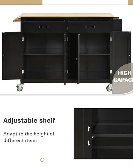 Kitchen Island with Storage, Rolling Table on Wheels w/ 4 Door Cabinet and 2 Drawers,Spice Rack, Towel Rack for Dinning Room - LeafyLoom