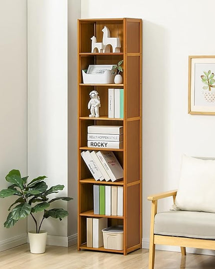 MoNiBloom Bamboo 7 Tier Free Standing Tall Bookcase Narrow Display Storage Shelves Collection Décor Furniture for Home Living Room Study Room, Brown - LeafyLoom