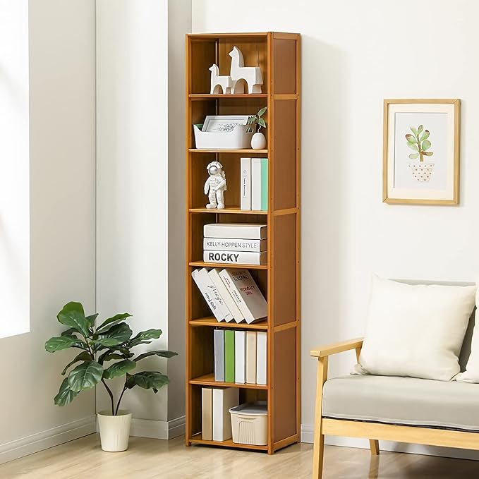 MoNiBloom Bamboo 7 Tier Free Standing Tall Bookcase Narrow Display Storage Shelves Collection Décor Furniture for Home Living Room Study Room, Brown - LeafyLoom