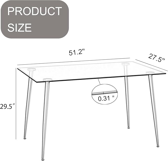 NicBex 51.18Inch Rectangular Dining Table,Modern Kitchen Table with Tempered Glass Tabletop and Black Metal Legs for 6 to 8,Large Dining Room Table for Kitchen,Meeting Room and Living Room,Transparent - LeafyLoom