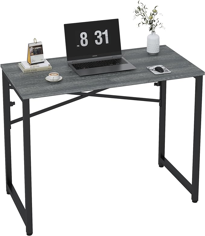 39 Inch Foldable Computer Desk, Folding Space-Saving Home Office Table, Study Writing Gaming Workstation for Small Space, No Assembly Needed,Grey Oak - LeafyLoom