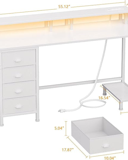 Furologee 55in Computer Desk with 4 Drawers, LED Gaming Desk with Power Outlets, Office Desk with Full Monitor Stand and Storage Shelf, Study Work Desk for Home Office Bedroom, White - LeafyLoom