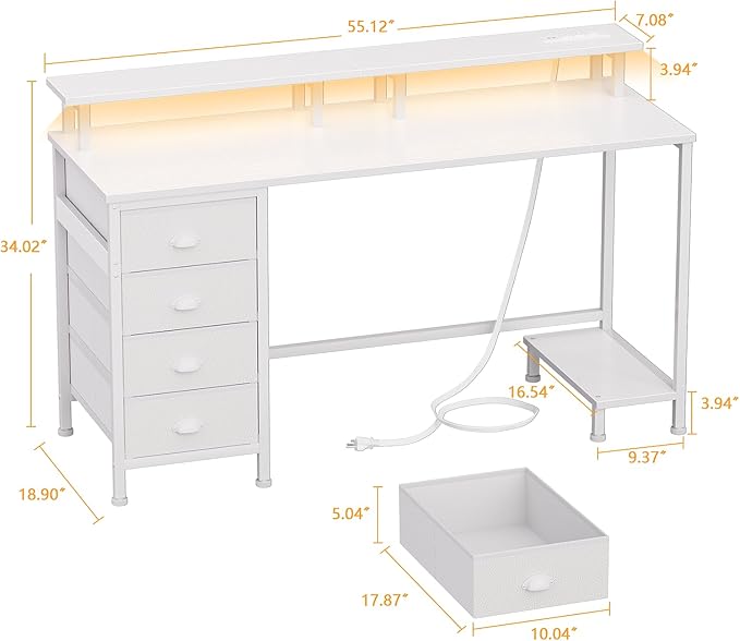 Furologee 55in Computer Desk with 4 Drawers, LED Gaming Desk with Power Outlets, Office Desk with Full Monitor Stand and Storage Shelf, Study Work Desk for Home Office Bedroom, White - LeafyLoom