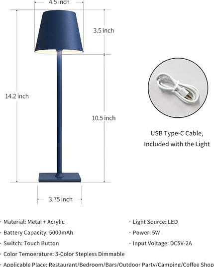 KDG 2 Pack Cordless Table Lamp,Portable LED Desk Lamp, 5000mAh Battery Operated, 3 Color Stepless Dimming Up, for Restaurant/Bedroom/Bars/Outdoor Party/Camping/Coffee Shop Night Light(Blue) - LeafyLoom