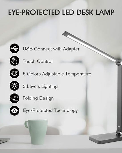 mafiti LED Desk Lamp Dimmable Table Lamp 5 Lighting Modes 3 Brightness Levels Foldable Desk Light Lamp for Home Office with Adjustable Arm, USB Charging Port, Touch Control (2 PCS) - LeafyLoom