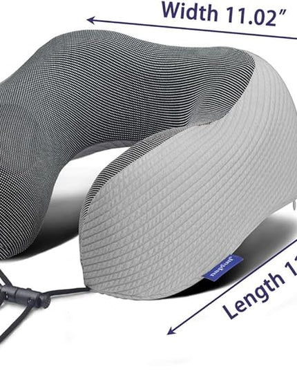 napfun Neck Pillow for Traveling, Upgraded Travel Neck Pillow for Airplane 100% Pure Memory Foam Travel Pillow for Flight Headrest Sleep, Portable Plane Accessories, Striped Light Grey - LeafyLoom