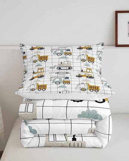 Kids Cartoon Car Comforter Set Boys Cute Excavator Tractor Comforter Toddler Construction Bedding Set Children Vehicles Truck Cars Quilt Set Black White Grid Duvet Set Bright Bedroom Decor Queen Size - LeafyLoom