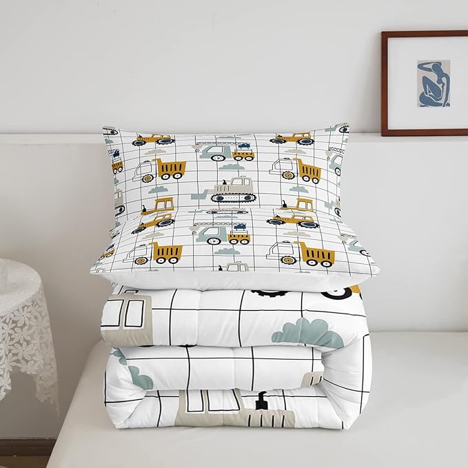 Kids Cartoon Car Comforter Set Boys Cute Excavator Tractor Comforter Toddler Construction Bedding Set Children Vehicles Truck Cars Quilt Set Black White Grid Duvet Set Bright Bedroom Decor Queen Size - LeafyLoom