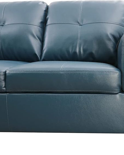 ROOMTEC Button 3 Piece L Shape Sectional Sofa Set, Upholstered Corner Couch with Storage Ottoman, Faux Leather Tufted Cushions, for Living Room, Apartment, 97inch, Denim w/Left Chaise Lounge - LeafyLoom
