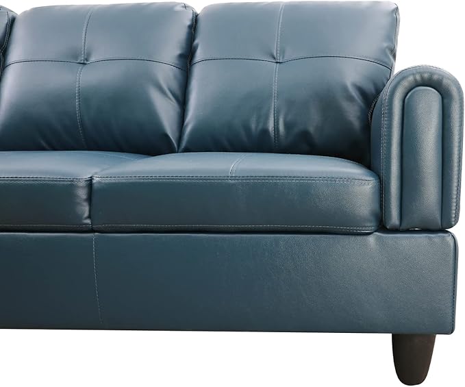 ROOMTEC Button 3 Piece L Shape Sectional Sofa Set, Upholstered Corner Couch with Storage Ottoman, Faux Leather Tufted Cushions, for Living Room, Apartment, 97inch, Denim w/Left Chaise Lounge - LeafyLoom