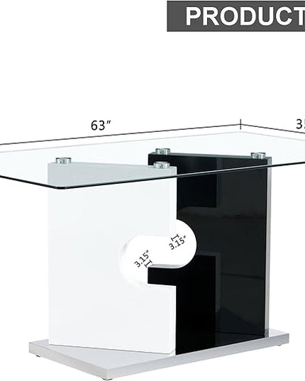 NicBex Large Modern Minimalist Rectangular Glass Dining Table for 6-8 with 0.39" Tempered Glass Tabletop and MDF Slab Special-Shaped Bracket for Kitchen Dining Room Banquet Hall, White + Black - LeafyLoom