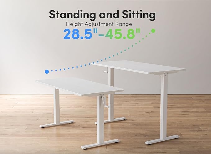 FEZIBO 32" Whole Piece Crank Height Adjustable Desk, 32 Inches Manual Standing Desk, Writing Table with Handle, Home Office Desk with White Frame/White Table Top - LeafyLoom