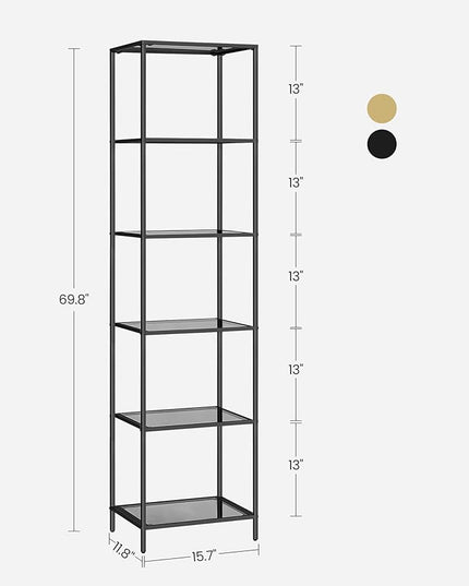 VASAGLE Bookcase, 6-Tier Bookshelf, Slim Shelving Unit for Bedroom, Bathroom, Home Office, Tempered Glass, Steel Frame, Ink Black and Slate Gray ULGT500G01 - LeafyLoom