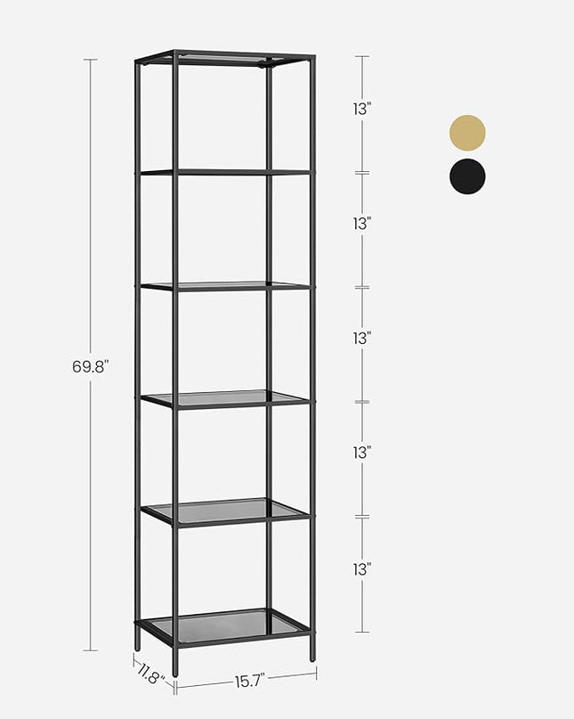 VASAGLE Bookcase, 6-Tier Bookshelf, Slim Shelving Unit for Bedroom, Bathroom, Home Office, Tempered Glass, Steel Frame, Ink Black and Slate Gray ULGT500G01 - LeafyLoom