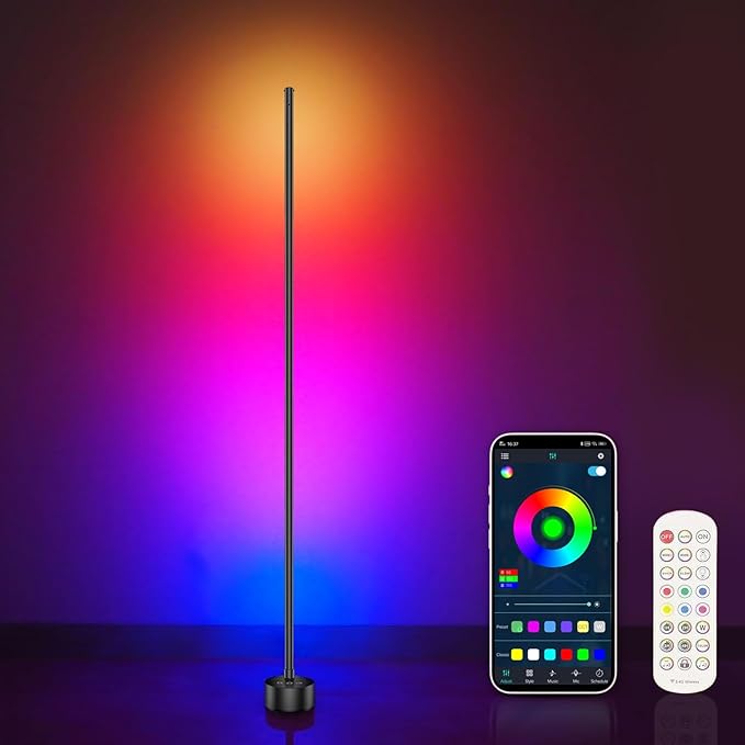 AIZAWA Led Corner Lamp, RGBICW Color Changing Corner Floor Lamp with Remote and App Control, Creative DIY Modes, Music Sync, Led Corner Light for Living Room, Bedroom, and Gaming Room - LeafyLoom