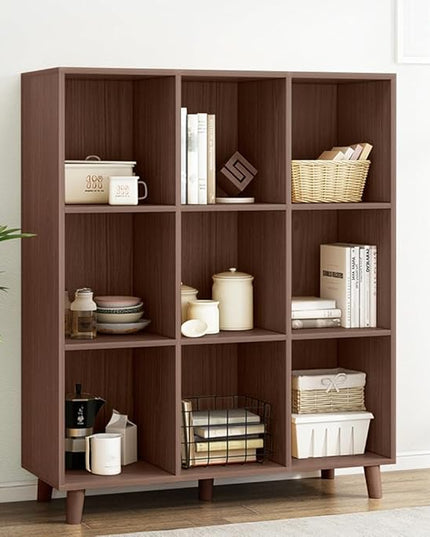 IOTXY Open Cube Low Bookcase - 3-Tier Freestanding Storage Display Cabinet Organizer with Legs for Home Office, 9-Cubes Open Shelf Short Bookshelf, Walnut - LeafyLoom