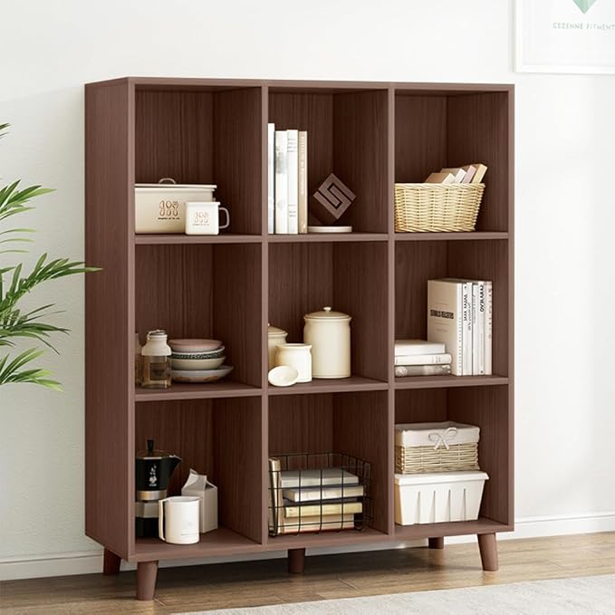 IOTXY Open Cube Low Bookcase - 3-Tier Freestanding Storage Display Cabinet Organizer with Legs for Home Office, 9-Cubes Open Shelf Short Bookshelf, Walnut - LeafyLoom