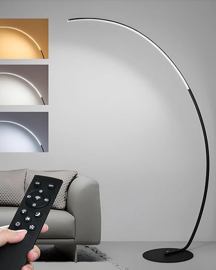 Curved Floor Lamps for Living Room with Remote Control, Modern High Black LED Dimmable Arc Floor Lamp, 3 Color Temperature, Cool Unique Bedroom Office Floor Lamp - LeafyLoom