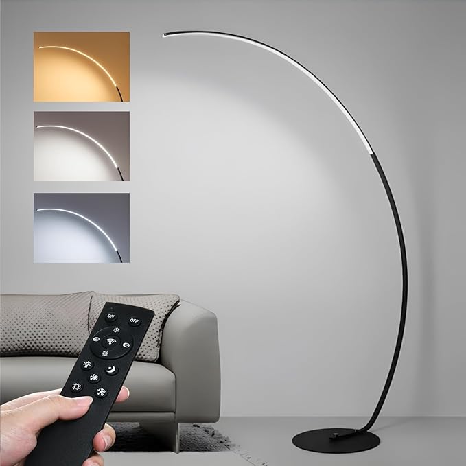 Curved Floor Lamps for Living Room with Remote Control, Modern High Black LED Dimmable Arc Floor Lamp, 3 Color Temperature, Cool Unique Bedroom Office Floor Lamp - LeafyLoom