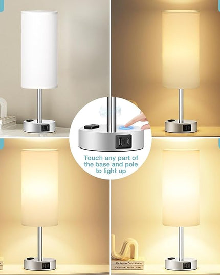 White Touch Bedroom Table Lamp - 3 Way Dimmable Bedside Lamp USB C A Charging Ports and AC Outlet, Small Lamp Nightstand with Silver Base for Living Room, Office Desk, LED Bulb Included - LeafyLoom