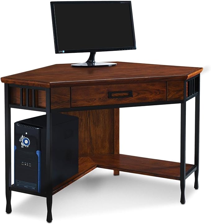 Leick Home 11230 Ironcraft Corner Writing/Computer Rustic Desk with Drawer and Shelf, Mission Oak and Black - LeafyLoom