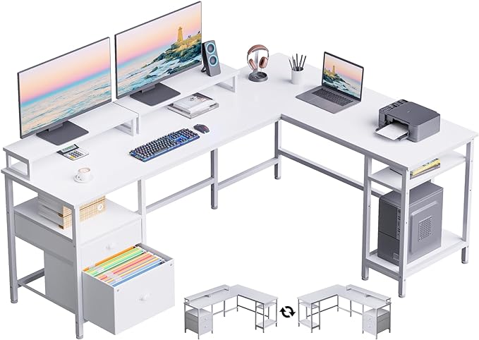 Furologee White 66" L Shaped Desk with Shelves, Reversible Corner Computer Desk with File Drawer & Dual Monitor Stand, Large Home Office Desk Writing Study Gaming Table Workstation - LeafyLoom