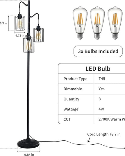 Floor lamp, 69 inch 3-Light Dimmable Farmhouse Floor Lamps for Living Room with 3 Free LED Edison Bulbs, Modern Industrial Vintage Corner Tall Tree Standing Floor Lamp for Bedroom Office - LeafyLoom