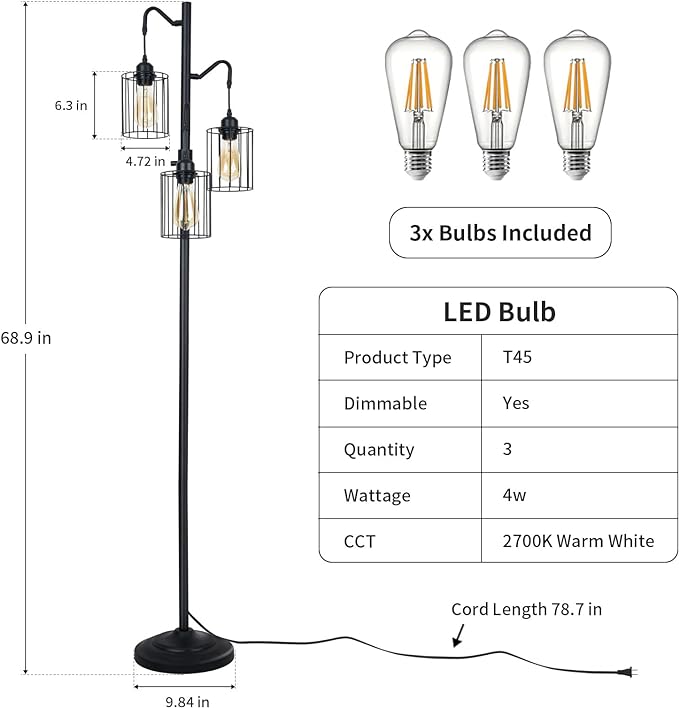 Floor lamp, 69 inch 3-Light Dimmable Farmhouse Floor Lamps for Living Room with 3 Free LED Edison Bulbs, Modern Industrial Vintage Corner Tall Tree Standing Floor Lamp for Bedroom Office - LeafyLoom