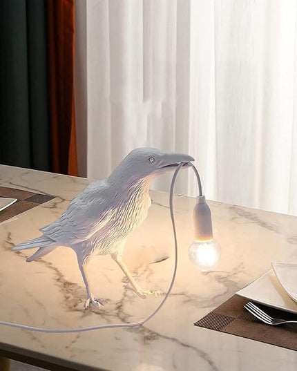 Raven Desk Lamp, Raven Lamp, Bird Lamp, Resin LED Bird Lamp for Bedroom/Office/Living Room/Farmhouse Art Deco with Plug (White) - LeafyLoom