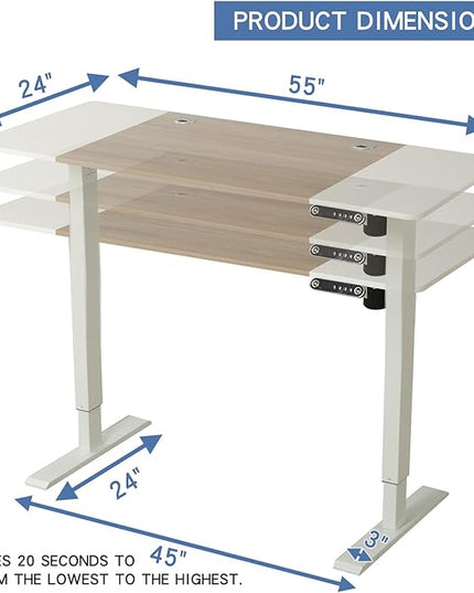 Adjustable Height Electric Standing Desk - 55 x 24 Inch Sit Stand Computer Desk, Stand Up Desk Table for Home Office, White Frame/White + Oak Top - LeafyLoom