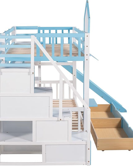 Twin Bunk Bed Castle with Slide, Stairs with Storage, Two Drawers, Solid Wood Bunkbeds Frame w/Shelves and Staircase, for Kids/Teens/Boys/Girls Bedroom, Blue - LeafyLoom