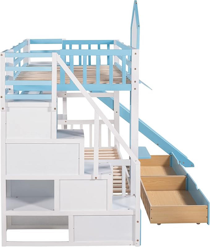 Twin Bunk Bed Castle with Slide, Stairs with Storage, Two Drawers, Solid Wood Bunkbeds Frame w/Shelves and Staircase, for Kids/Teens/Boys/Girls Bedroom, Blue - LeafyLoom