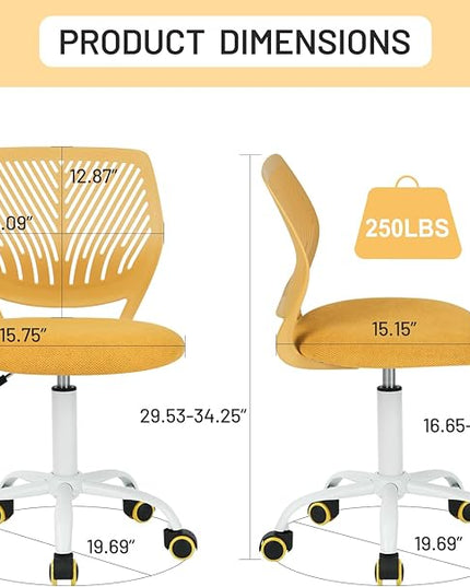 FurnitureR Kids Desk Chair, Small Adjustable Swivel Computer Task Chair with Plastic Backrest and Padded Seat Cushion, Fabric Armless Cute Rolling Child Office Chairs Study Chair, Yellow - LeafyLoom